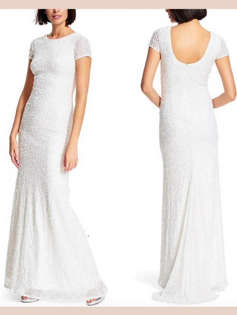 Sz 12 NWT Adrianna Papell Sequin Mesh Short-Sleeve Scoop Back Gown Ivory Wedding